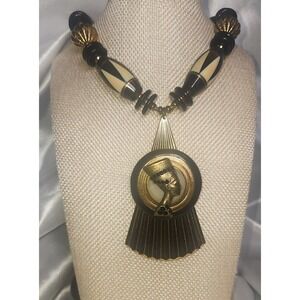 VTG Egyptian Revival Nefertiti Statement Necklace Black Gold Bead Shepherd Hook